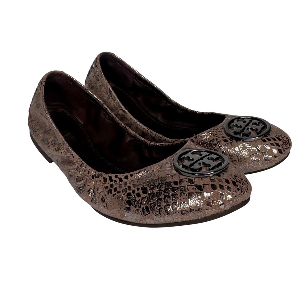 Tory Burch Reva Ballet Flats Metallic Snakeskin Leather Medallion Logo Sz 7.5